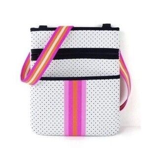 White Polka Dot Shoulder Bag Pink Orange Stripe Strap Zip Closure 12” Crossbody